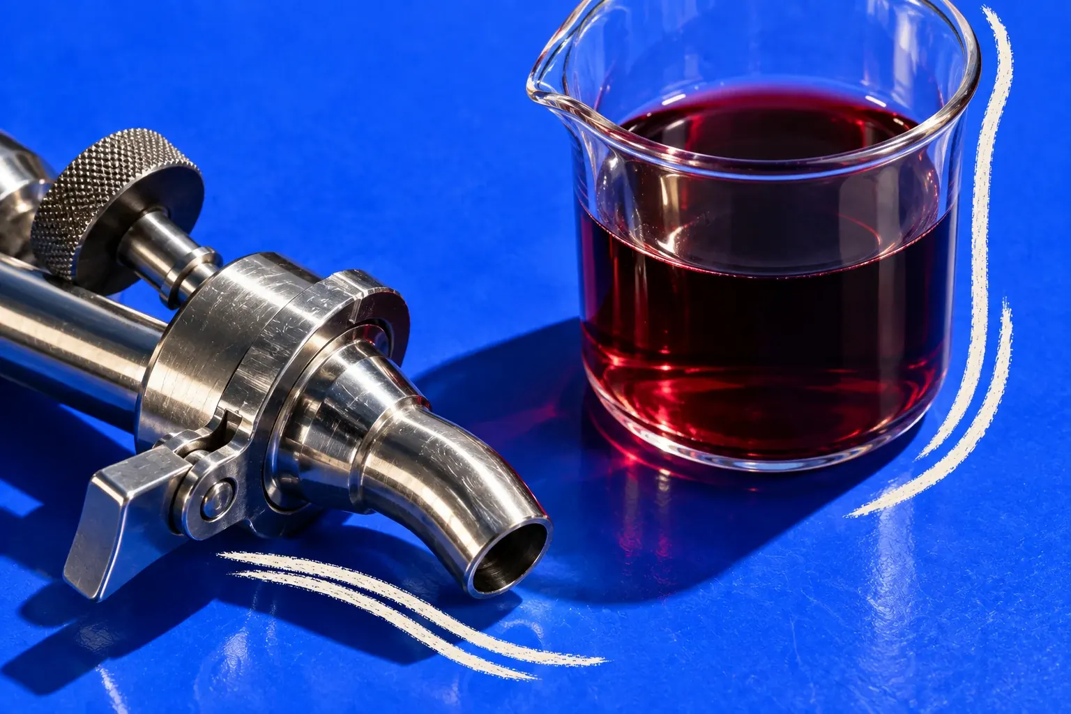 Ein Gefäß mit Rotwein und ein Metallanschluss vor blauem Hintergrund