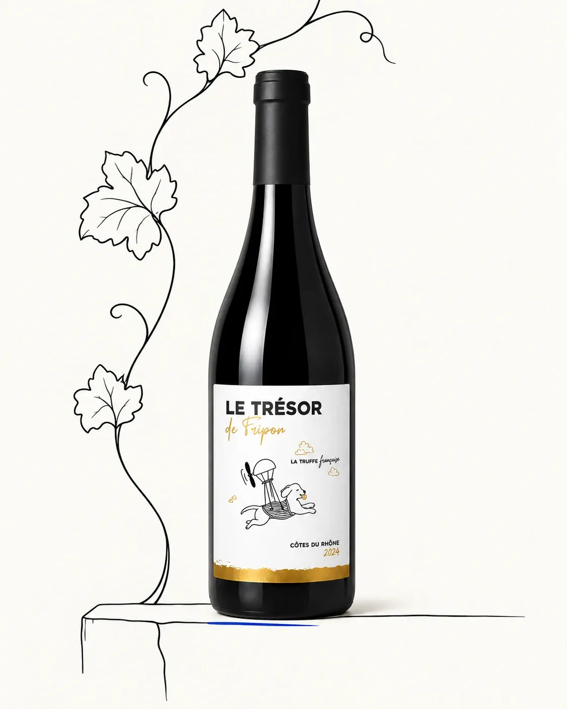 Le Trésor de Fripon neben gezeichneten Weinblättern