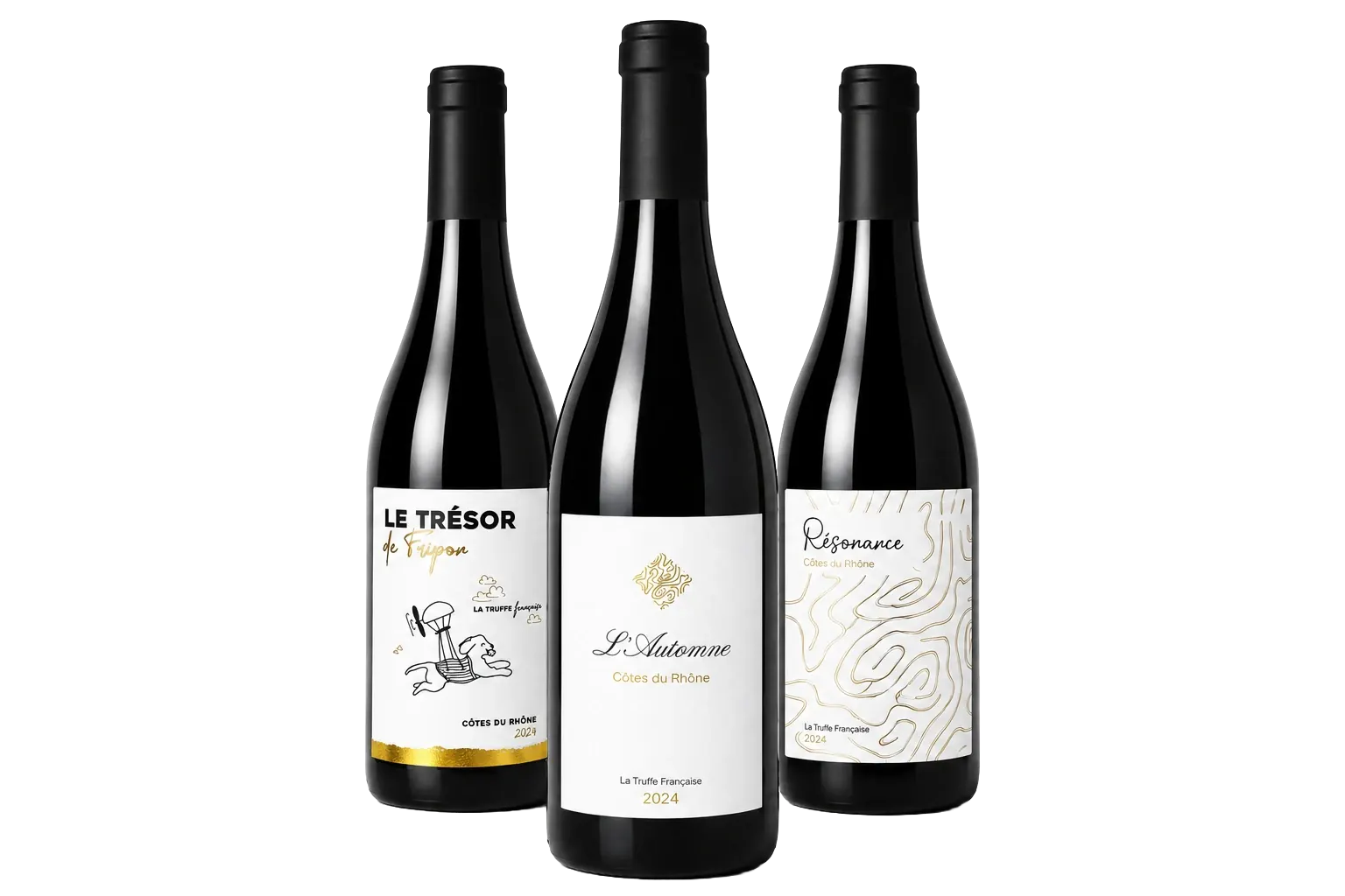 Three bottles of red wine with different labels