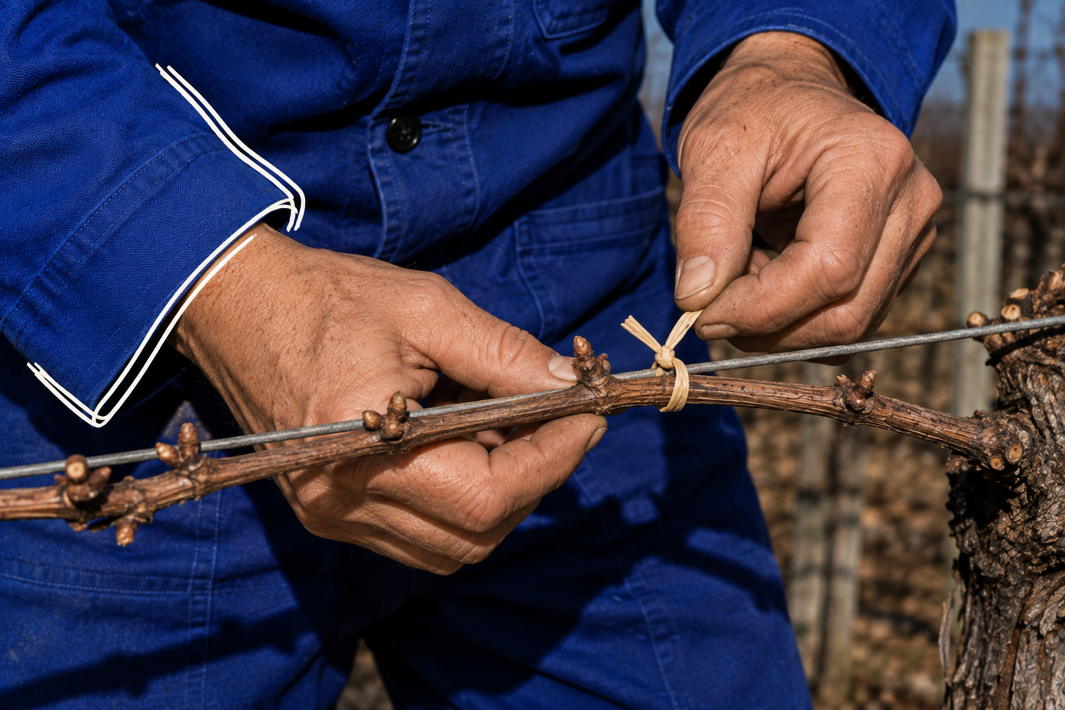 Des mains attachent un sarment au fil de palissage avec un lien de raphia