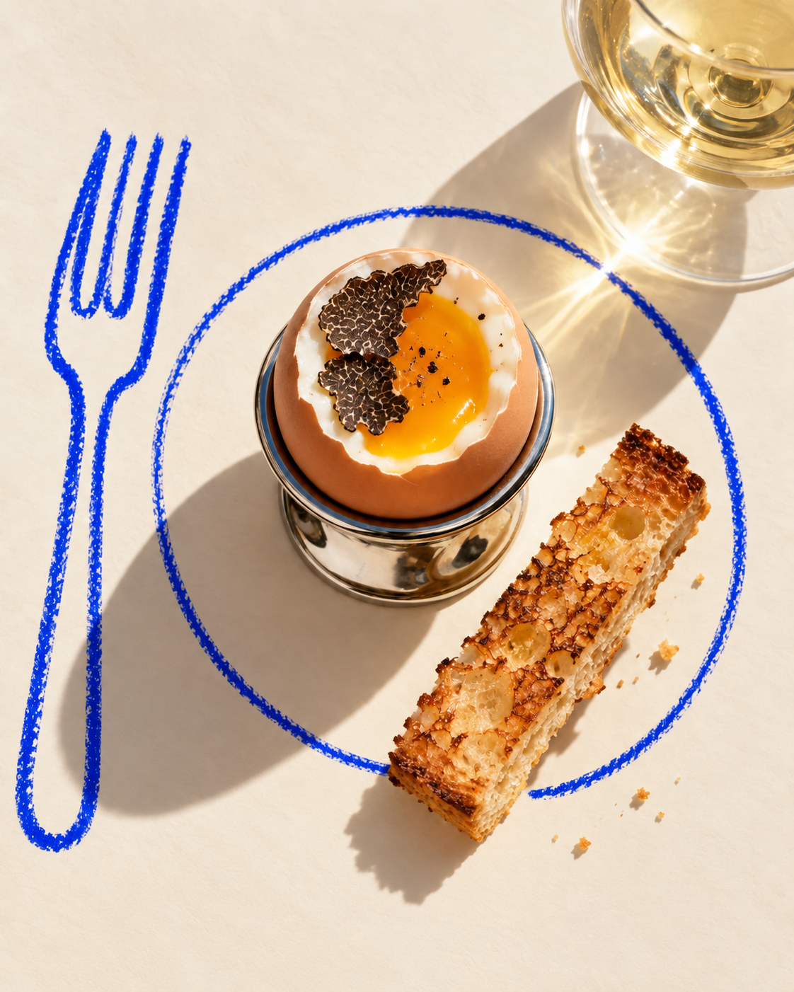 Œuf à la coque aux lamelles de truffe, mouillette et verre de vin blanc sur une table aux dessins bleus