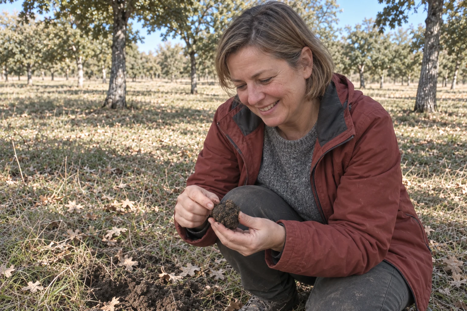 Une femme souriante observe une truffe tout juste sortie de terre