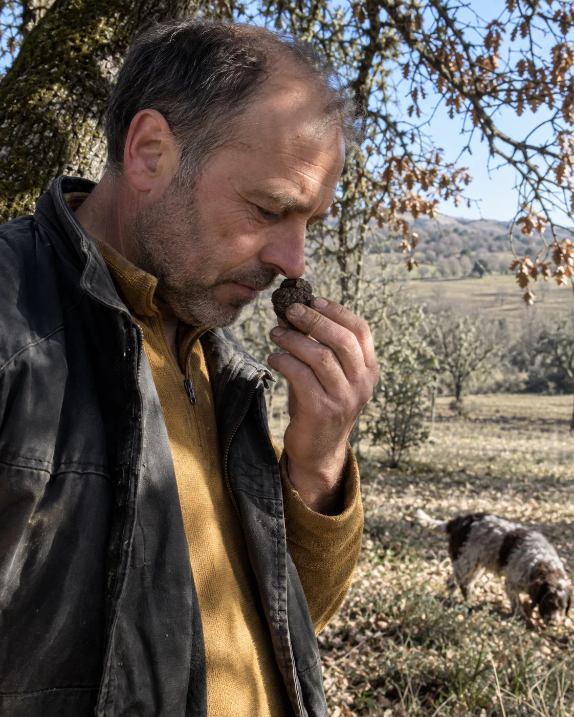 Un homme découvre le parfum d’une truffe fraîchement récoltée sous les chênes