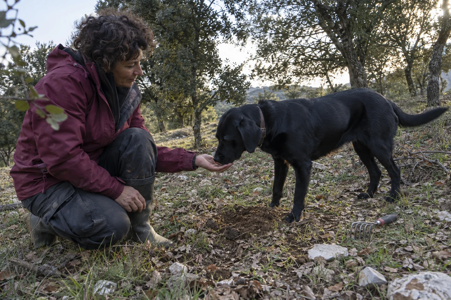 Une femme récompense son chien truffier après le cavage sous les chênes